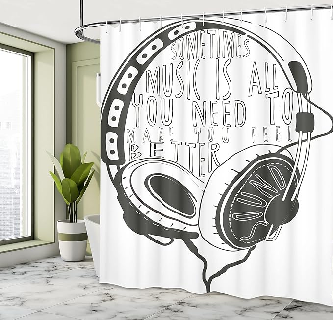 Ambesonne Music Shower Curtain, Headphones Industrial Design Sketch with Words Audio Sound Stereo Scribble, Cloth Fabric Bathroom Decor Set with Hooks, 69" W x 70" L, Charcoal Grey