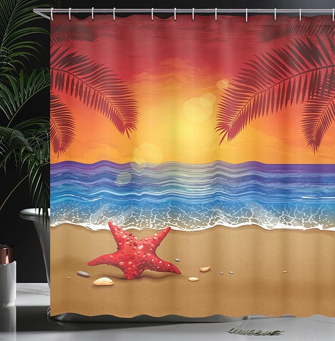 Ambesonne Tropical Shower Curtain, Sunset Cartoon Illustration Beach Summer Starfish Palm Tree Ocean Fantasy Art, Cloth Fabric Bathroom Decor Set with Hooks, 69" W x 75" L, Red Yellow Blue