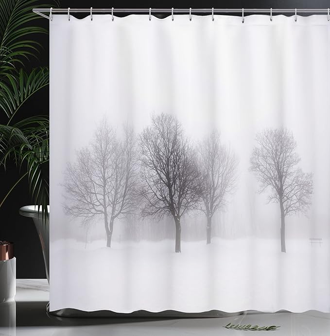 Ambesonne Winter Shower Curtain, Foggy Misty Cold Scenery Leafless Tree Branch in Weather Print, Cloth Fabric Bathroom Decor Set with Hooks, 69" W x 84" L, Grey and White