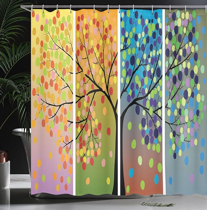 Ambesonne Colorful Shower Curtain, Tree Various Ornamentations Colorful Composition Cartoon Style Digital Drawing, Cloth Fabric Bathroom Decor Set with Hooks, 69" W x 70" L, Black White Multicolor
