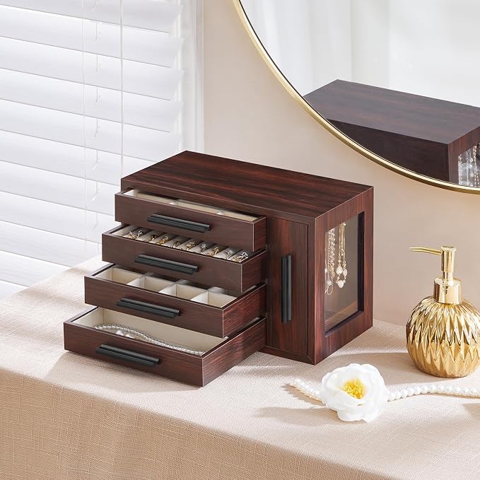 HOOBRO Jewelry Box for Women, Wooden Jewelry Organizer with Transparent Window, 4-Layer Jewelry Organizer Box, Jewelry Holder Organizer for Earrings, Necklaces, Rings, Dark Walnut and Black BRT09JB04