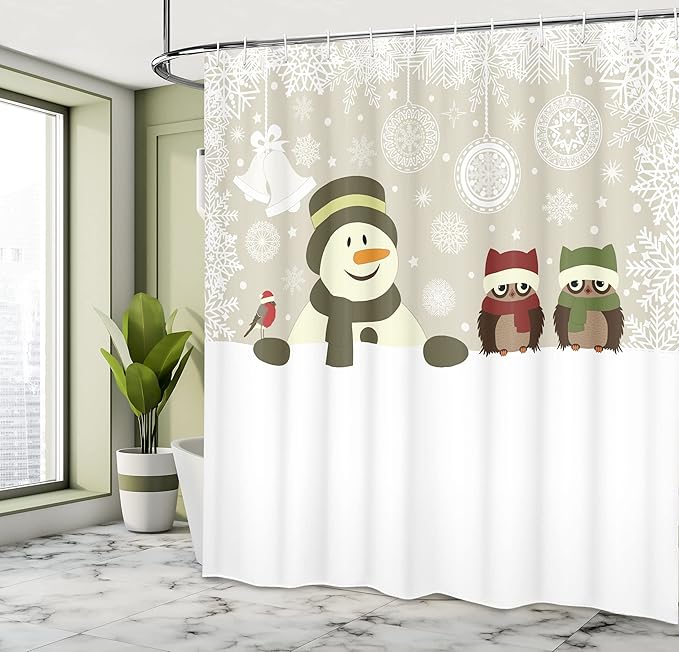 Ambesonne Christmas Shower Curtain, Snowman Owls in Snowy Winter Day Jingle Bells Snowflake Image, Cloth Fabric Bathroom Decor Set with Hooks, 69" W x 70" L, White Green Red