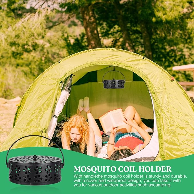 4 Pcs Mosquito Coil Holder Incense Coil Holder, Retro Iron Portable Hanging Outdoor Incense Burner Holder with Handle Round Metal Incense Holder for Home Camping Indoor Outdoor Patio (Black)