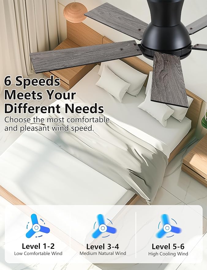 Modern Ceiling Fans with Lights - 42 inch Low Profile Ceiling Fan with Light and Remote, Flush Mount Reversible DC Motor, 6-Speed Quiet LED Dimmable for Bedroom, Indoor and Outdoor, Patios Black
