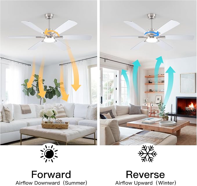 OURSTAR Ceiling Fans with Lights and Remote Control, Brushed Nickel Ceiling Fan with Light 3-Color Dimmable, Memory for Lighting and Fan Reversible, 6-Speed, Timer, Indoor/Outdoor Use, 52 Inch