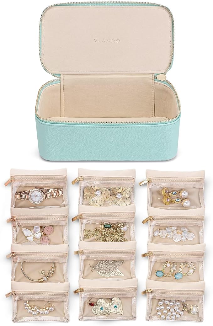 VLANDO Jewelry Travel Case,Travel Jewelry Organizer with Clear Velvet Jewelry Bags 12Pcs Zipper Pouch for Women Girl Trendy Stuff Gift-Lake Blue