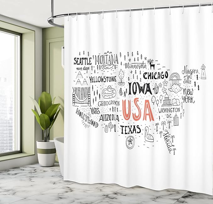 Ambesonne USA Map Shower Curtain, United States of America City Typography Pattern with Local Concept, Cloth Fabric Bathroom Decor Set with Hooks, 69" W x 70" L, Salmon White