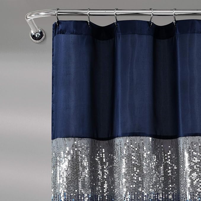 Lush Decor Night Sky Shower Curtain, Single, 72" W x 78" L, Navy & White - Sequin Shower Curtain - Sparkly Color Block Bath Curtain - Modern Glam Bathroom Decor - Extra Long Shower Curtain