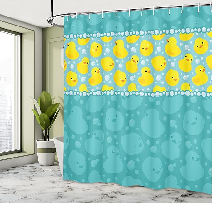 Ambesonne Rubber Duck Shower Curtain, Cartoon Style Duckies Swimming in Water Pattern Fun Bubbles Aqua Colors, Cloth Fabric Bathroom Decor Set with Hooks, 69" W x 70" L, Teal Blue