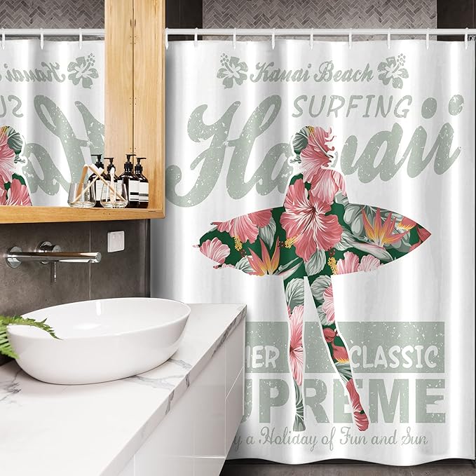 Ambesonne Hawaiian Stall Shower Curtain, Tropical Hawaii Hibiscus Surfing Girl Silhouette Surfboard Retro Themed Artprint, Fabric Bathroom Decor Set with Hooks, 54" W x 78" L, Fuchsia Green