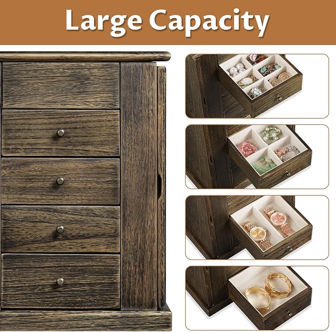 Emfogo Jewelry Box for Women, 5 Layer Large Wood Jewelry Boxes & Organizers for Necklaces Earrings Rings Bracelets, Rustic Jewelry Organizer Box with Rattan, Drawers and Mirror(Vintage)