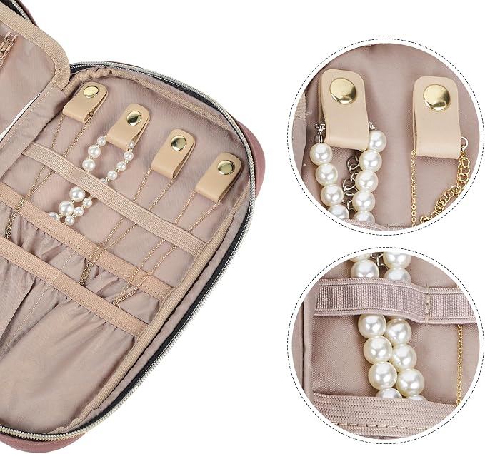 NISHEL Travel Jewelry Case Organizer, Tangle-Free Necklace Storage Bag | Stores rings, earrings, bracelets and watches in a compact case for travel and daily use, Rosewood-Pink, Medium