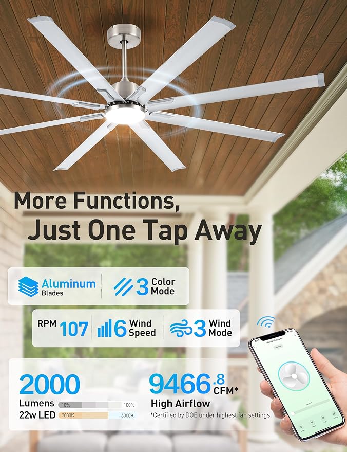 Minislak 72 Inch Ceiling Fan with Light,Industrial Ceiling Fan with 8 Black Aluminium Blades,Smart Fan Compatible with Alexa,Garage Outdoor Indoor Fan for Patio and Living Room