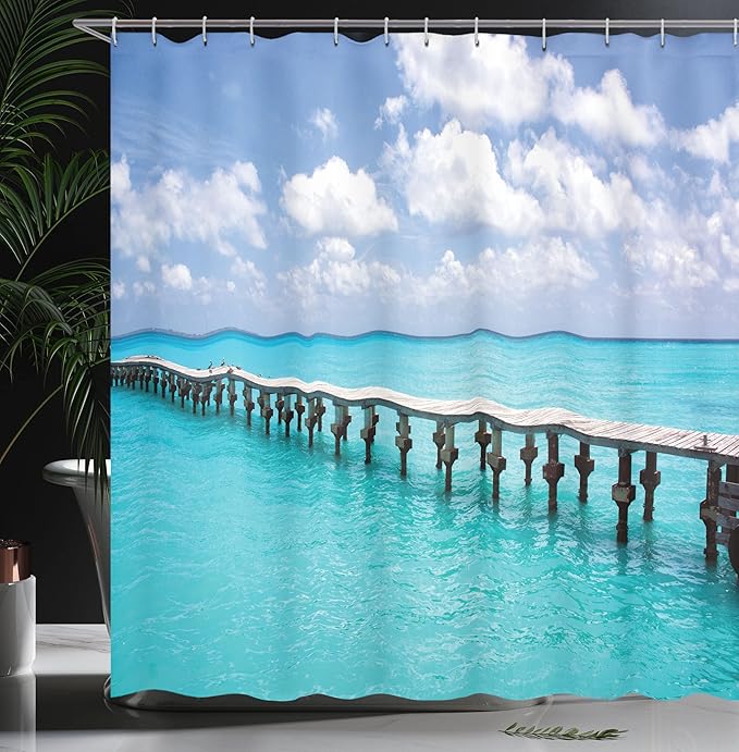 Ambesonne Beach Shower Curtain, Duck in Clear Empty Ocean on a Sunny Day Tropical Coastal Themed Image, Cloth Fabric Bathroom Decor Set with Hooks, 69" W x 70" L, White Turquoise
