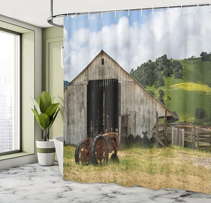 Ambesonne Rustic Shower Curtain, Old Wooden Barn with Rusted Tractor Hillside Enclosed with Wooden Fence and Trees, Cloth Fabric Bathroom Decor Set with Hooks, 69" W x 75" L, White Green