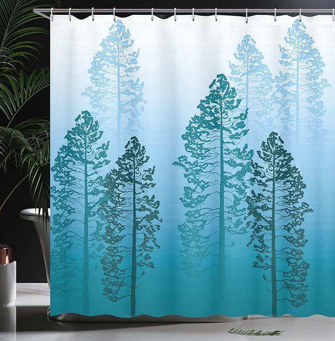 Ambesonne Country Shower Curtain, Pine Trees in The Forest on Foggy Seem Ombre Backdrop Wildlife Adventure Artwork, Cloth Fabric Bathroom Decor Set with Hooks, 69" W x 75" L, Azure Blue
