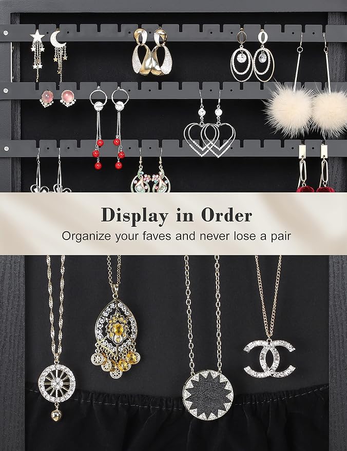 Nicetree 360° Swivel Jewelry Cabinet with Lights, Touch Screen Vanity Mirror, Rotatable Full Length Mirror with Jewelry Storage, Standing Jewelry Armoire Organizer, Foldable Makeup Shelf, Black
