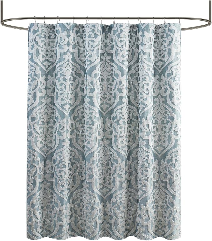Madison Park Odette Fabric Shower Curtain Luxe Textured Jacquard, Damask Medallion Machine Washable Modern Home Bathroom Decor, Bathtub Privacy Screen, 72" x 72", Aqua/Silver