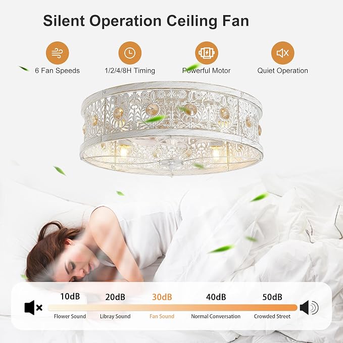 Garwarm 20" Ceiling Fans with Lights,Flush Mount Vintage Farmhouse Rustic Crystal Fandelier,Low Profile Farmhouse Caged Ceiling Fan with Light and Remote for Bedroom,Kitchen,Indoor