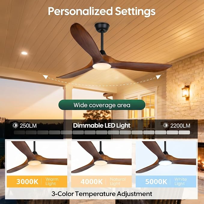 Farmhouse Ceiling Fans with Lights, 60 inch Outdoor Ceiling Fan for Patios with Light, 3 Blades Wood Ceiling Fan Damp Rated Large Airflow Commercial Ceiling Fans for Exterior House Porch Gazebo