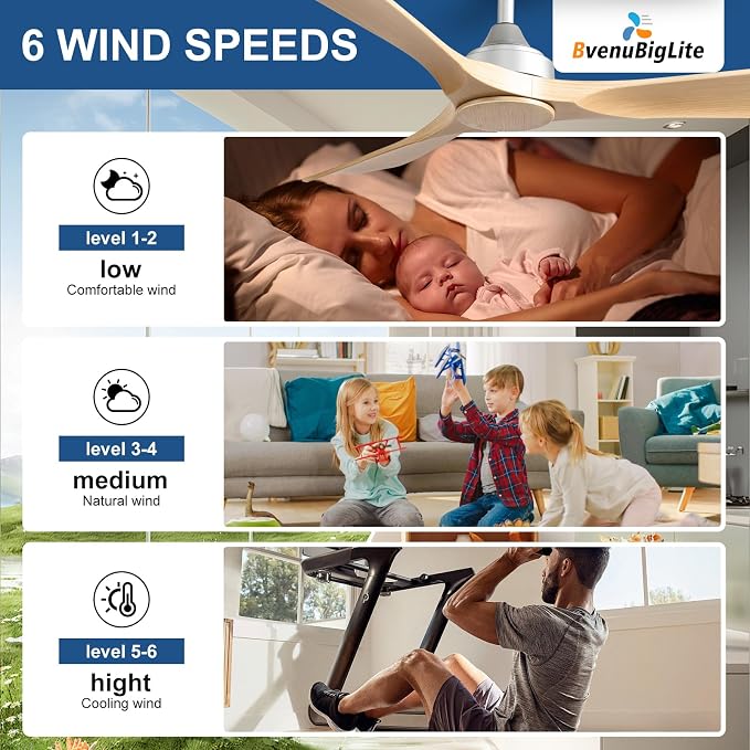 Ceiling Fan Without Light: 52 Inch 3 Blade Indoor Outdoor Fan for Patios - Wood Ceiling Fan No Light Remote APP Control Reversible 6 Speed Timer Noiseless