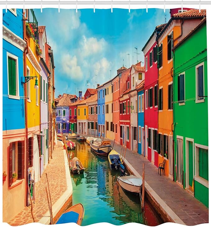 Ambesonne Venice Shower Curtain, Colorful Buildings and Water Canal with Boats Burano Island in The Venetian Lagoon, Cloth Fabric Bathroom Decor Set with Hooks, 69" W x 75" L, Blue Multicolor