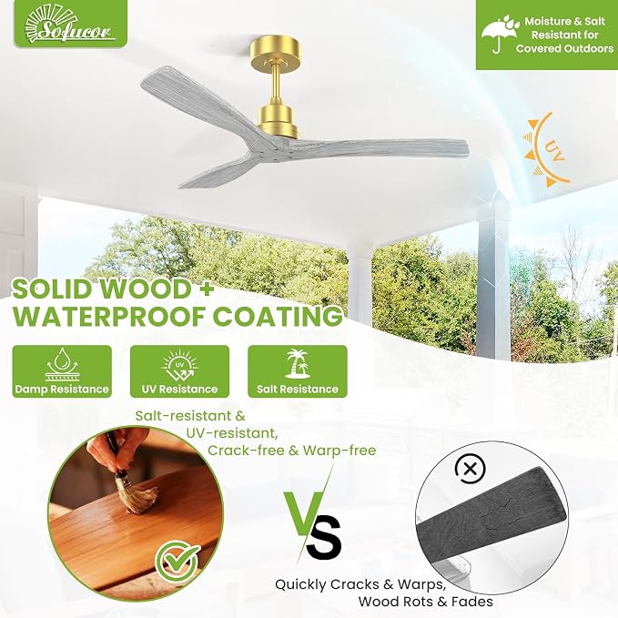 Sofucor 52 Inch Ceiling Fan No Light - Modern Solid Wood Ceiling Fan with Remote, 5000CFM High Airflow, Quiet DC Motor, 6 Speeds, Timer & Reversible for Bedroom Living Room, ETL, Gold