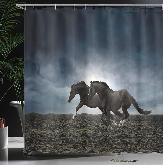 Ambesonne Horses Shower Curtain, Couple Horses Running on Plowed Field in Stormy Dark Weather Sky Concept, Cloth Fabric Bathroom Decor Set with Hooks, 69" W x 70" L, Blue Petrol