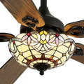52" Tiffany Style Ceiling Fans with Lights, Vintage Chandelier Ceiling Fan with Stained Glass Shade, Dimmable LED, 6 Speeds Reversible for Bedroom (Red Dot)