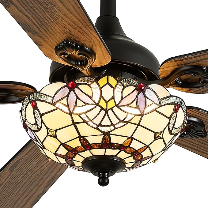 52" Tiffany Style Ceiling Fans with Lights, Vintage Chandelier Ceiling Fan with Stained Glass Shade, Dimmable LED, 6 Speeds Reversible for Bedroom (Red Dot)