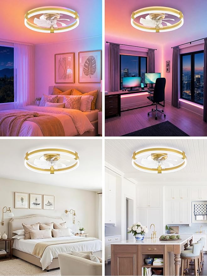 ZMISHIBO RGB Ceiling Fans with Lights and Remote, 20 inch Low Profile Ceiling Fan with Light, 3000K-6000K Dimmable & RGB, Modern Fandelier Flush Mount Ceiling Fan, Small LED Fan for Bedroom,Gold