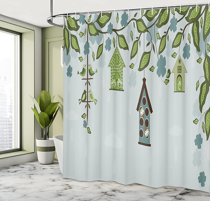 Ambesonne Birds Shower Curtain, Birds Sitting in Cages Hanged on Floral Tree Branches Peace Blooming Nature Print, Cloth Fabric Bathroom Decor Set with Hooks, 69" W x 75" L, Green Navy
