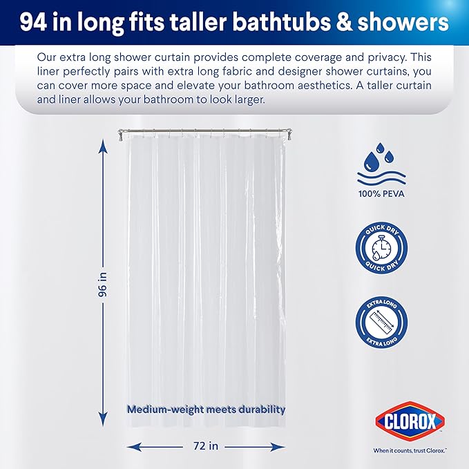 Clorox Shower Curtain Liner, Premium Medium-Weight Durable Waterproof 6g PEVA for Bathroom with Weighted Magnets, Extra Long 72" x 96", Clear 1 Pack