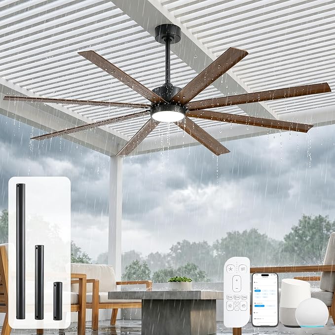 56 Inch Wet Rated Outdoor Smart Ceiling Fan with Light for Patios, Waterproof Ceiling Fan with Alexa/App/Remote Control, 8 Anti-Rust Aluminum Blades, Quiet DC Motor with 7446 CFM Airflow, ETL Listed