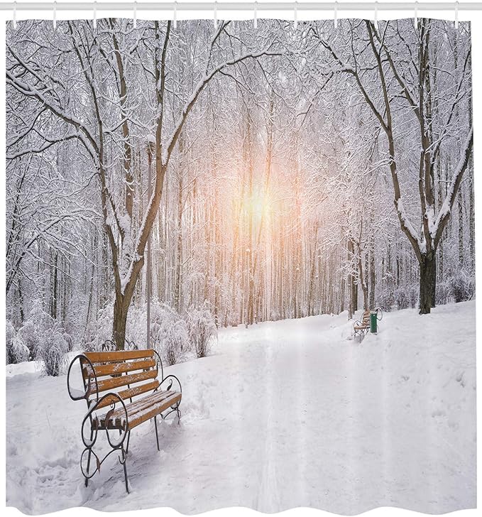 Ambesonne Winter Shower Curtain, Snowy Leafless Trees and Benches in The City Park Sunset Woodland Outdoors, Cloth Fabric Bathroom Decor Set with Hooks, 69" W x 75" L, Orange White