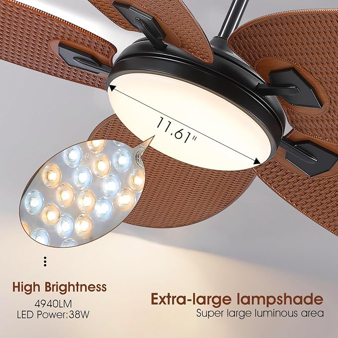 62" Large Brown Tropical Style Palm Leaf Ceiling Fans with Lights & Remote | Super Large Airflow with 6 Wind Speeds,Reversible,3 LED Light Colors,50W Quiet DC Motor,4H Timer,Suits for Living Room Patio