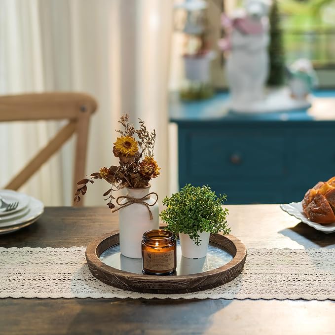 Hanobe Round Wood Candle Holder Trays, Coffee Table Decor for Centerpieces | Wooden Base with Zinc Iron plate, Decorative Tealight Candlestick for Kitchen Counter, Farmhouse Living Room Decor