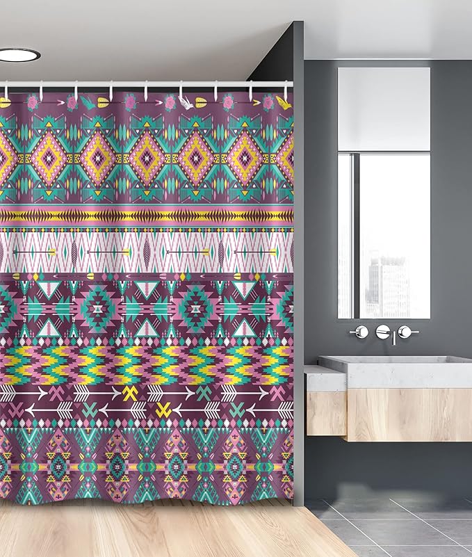 Ambesonne Tribal Stall Shower Curtain, Traditional Pattern Geometrics and Arrows Art, Fabric Bathroom Decor Set with Hooks, 54" W x 78" L, Teal Purple Yellow