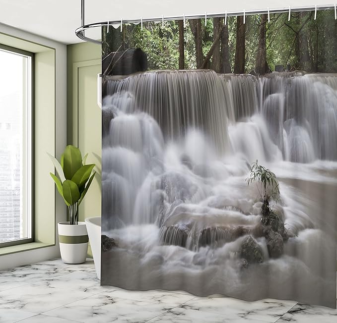 Ambesonne Waterfall Shower Curtain, Mystic Waterfall in Forest Trees with Splashing Water Babbling Brook, Cloth Fabric Bathroom Decor Set with Hooks, 69" W x 70" L, Dark Brown White Green