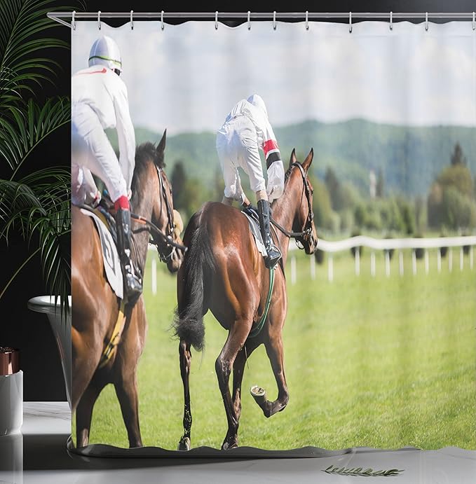 Ambesonne Modern Shower Curtain, Performance Sport Horse Racing Galloping Jockeys Hobby Activity Picture, Cloth Fabric Bathroom Decor Set with Hooks, 69" W x 70" L, Brown Green