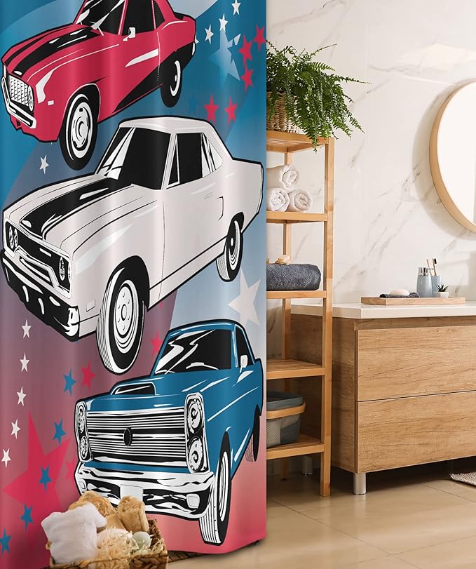 Ambesonne Cars Stall Shower Curtain, Pop Art Group of Nostalgic American Muscle Vehicle Stars Antique Print, Fabric Bathroom Decor Set with Hooks, 36" W x 72" L, Blue Beige