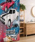 Ambesonne Cars Stall Shower Curtain, Pop Art Group of Nostalgic American Muscle Vehicle Stars Antique Print, Fabric Bathroom Decor Set with Hooks, 36" W x 72" L, Blue Beige