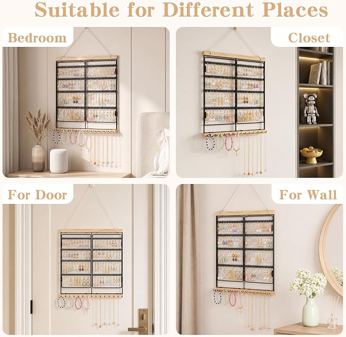 Hanging Jewelry Organizer 4-Tier Wall Earring Holder for Necklaces, Rings | Natural wood & solid metal wall jewelry rack , Dual earring grid slots & bottom hooks store earrings, bracelets
