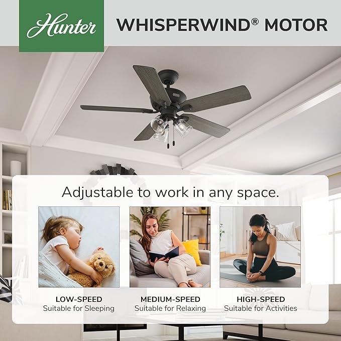 Hunter Rosner, Indoor, Ceiling Fan, Standard Mount, 52 inch, Matte Black | with LED Lights and Pull Chain, 5 Blades, For Bedroom, Living Room, Kitchen, 3 inch Downrod, 51595