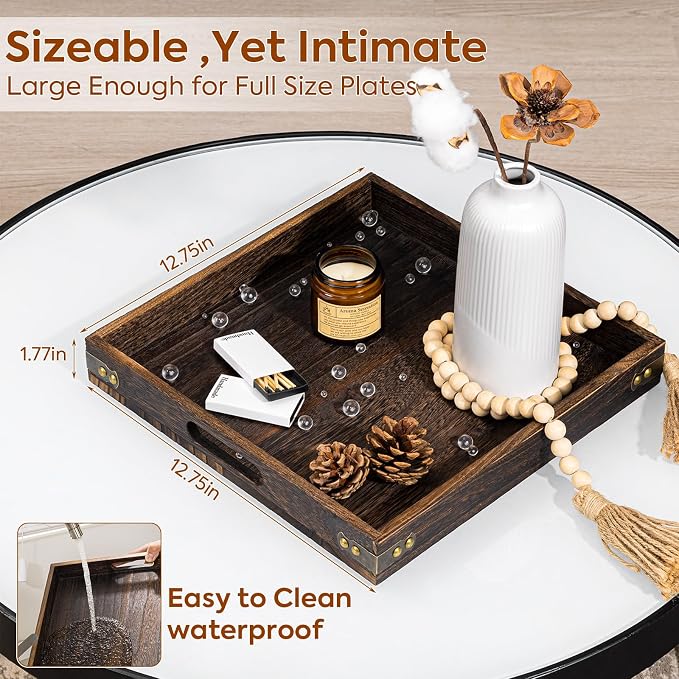 Serving Tray with Handles,12.75"*12.75"Wood Decorative Tray for Living Room,Modern Coffee Table Tray,Square Large Serving Platters for Home Decor,Ottoman,Bed,Kitchen,Bathroom, Breakfast,Bar