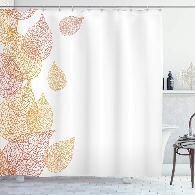 Ambesonne Leaf Shower Curtain, Illustration of Fall Leaves Modern Pattern Romantic Art with Soft Autumn Colors, Cloth Fabric Bathroom Decor Set with Hooks, 69" W x 75" L, Marigold Coral