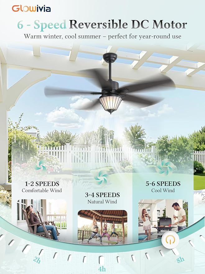 52 Inch Outdoor Ceiling Fans with Lights for Patios, IP65 Waterproof, Remote Control, 6-Speeds, Reversible DC Motor, 5 Dual Finish Blades, Wet-rated Ceiling Fan for Patio Gazebo Porch Pavilion (Black)