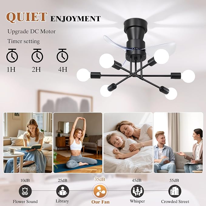 VbiTmn 21.2 Inch Flush Mount Sputnik Ceiling Fan with Lights, 6-Light Black Modern Fandelier, Low Profile Quiet DC Reversible, 6 Speed Remote Control, E26 Base for Bedroom Dining Room