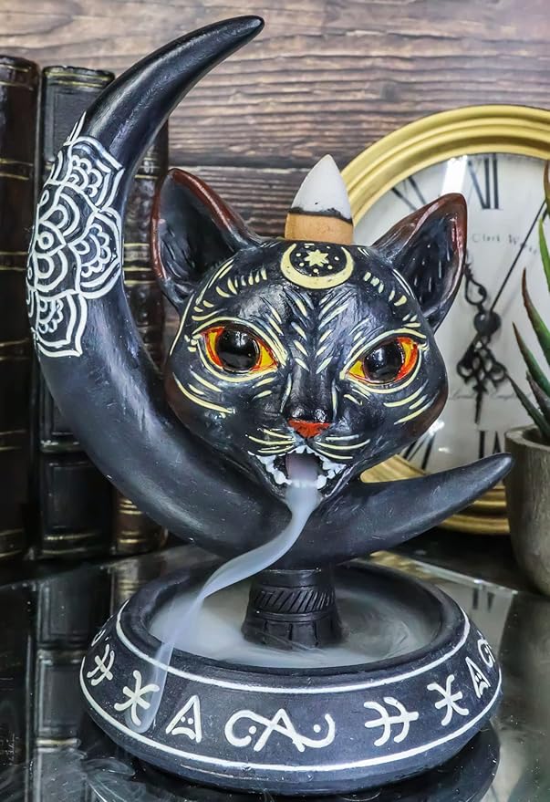 Ebros Gift Paranormal Occult Ouija Sacred Geometry Black Cat with Crescent Moon and Mandala Chakra Flower Backflow Cone Incense Burner Holder with Cascading Smoke Pool Waterfall Effect Figurine