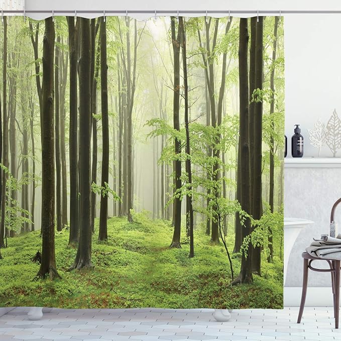 Ambesonne Landscape Shower Curtain, Beech Forest Morning Haze in The Mountains of The Southern Polish Image, Cloth Fabric Bathroom Decor Set with Hooks, 69" W x 75" L, Pale Green